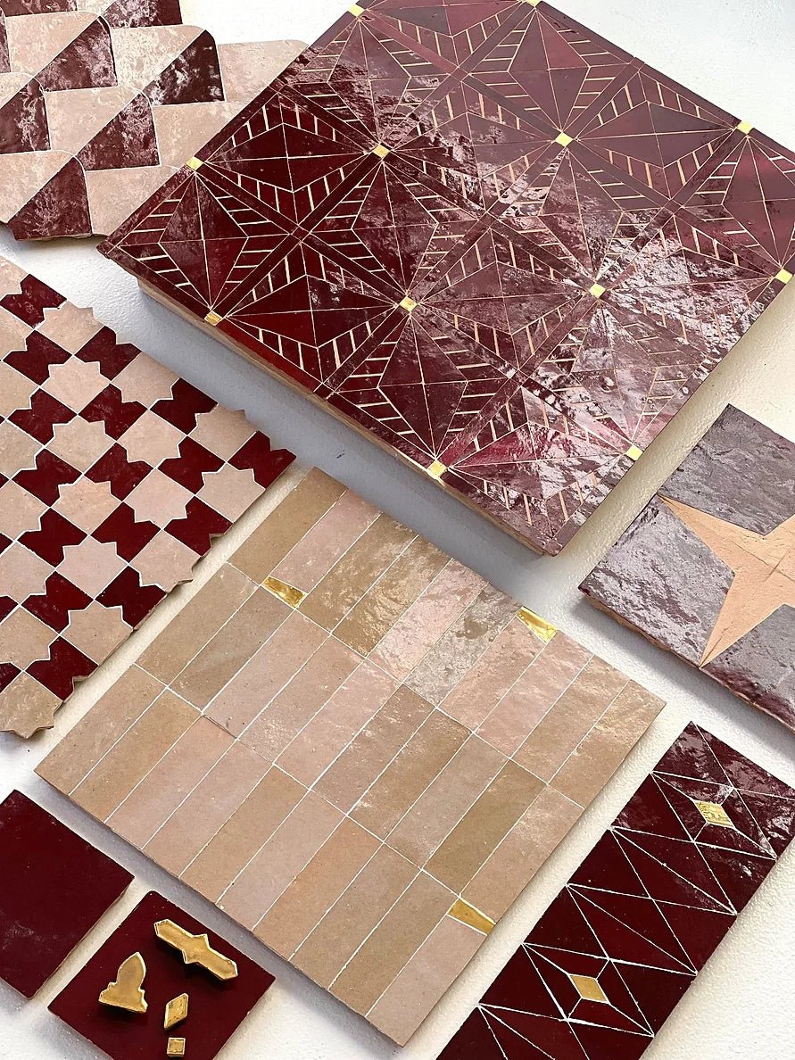 Handcrafted Burgundy Zellige tiles in deep red tones, adding warmth and rich color to enhance any interior design