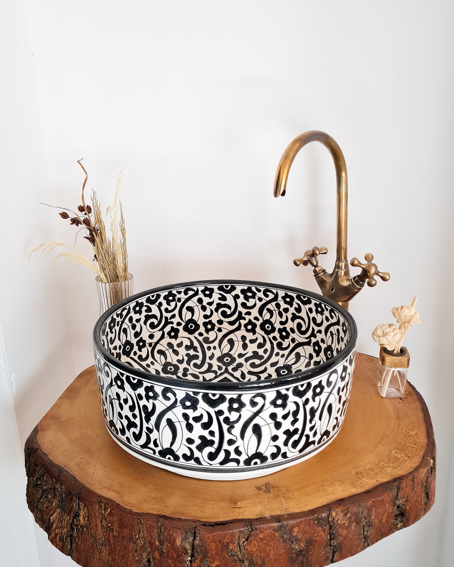 Custom Modern Bathroom Sink with Intricate Black Floral Patterns