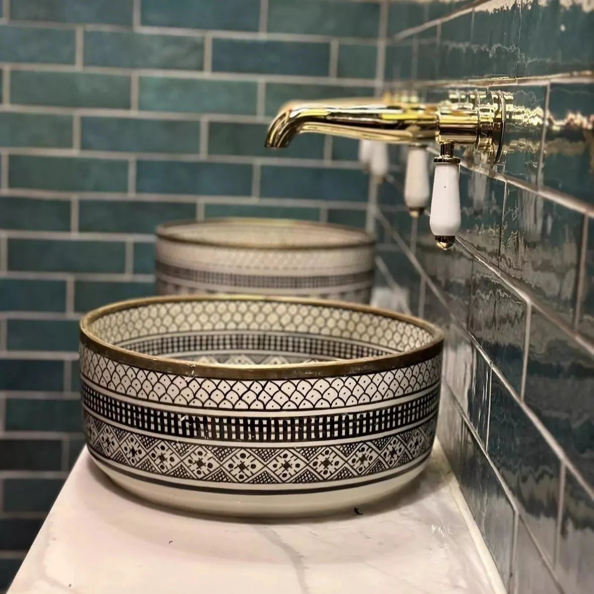 Farmhouse Washbasin - Olive Green & Brushed Brass Sink Vessel