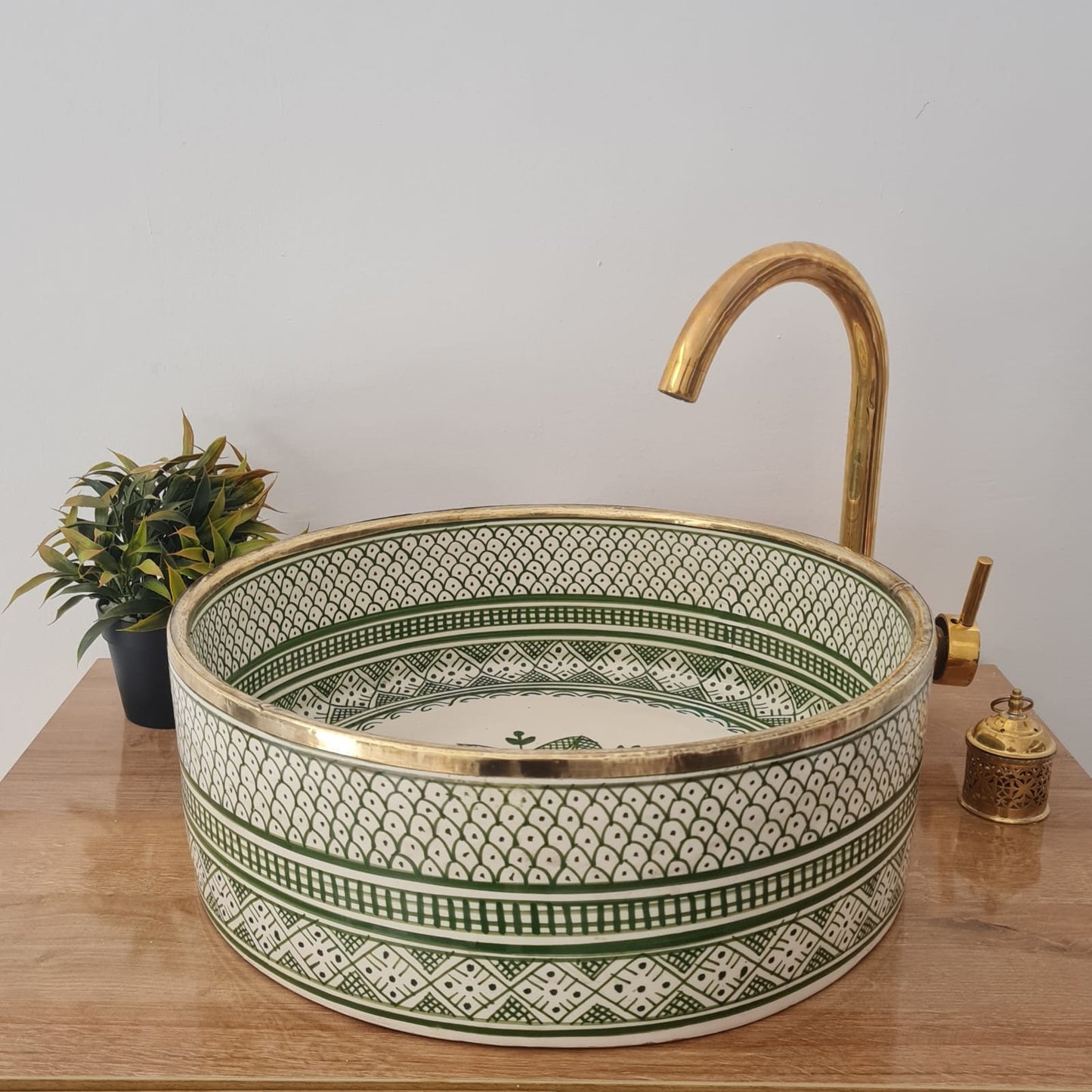 Custom Made Modern Bathroom Sink with Intricate Artisan Green Patterns & Unlacquered Brass Rim