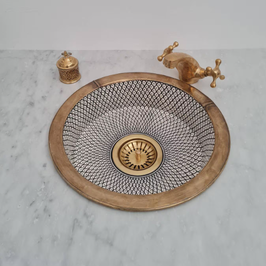 Wet Bar Sink - Handpainted Ceramic Sink With Brushed Brass Rim