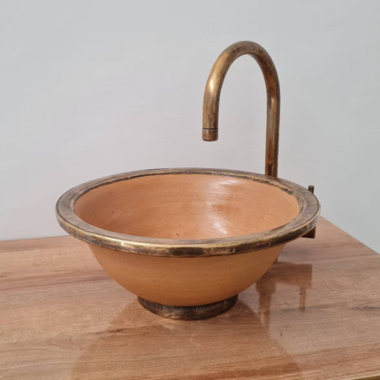 Glazed Terracotta Drop In or Undermount Brushed Brass Rim Bathroom Sink