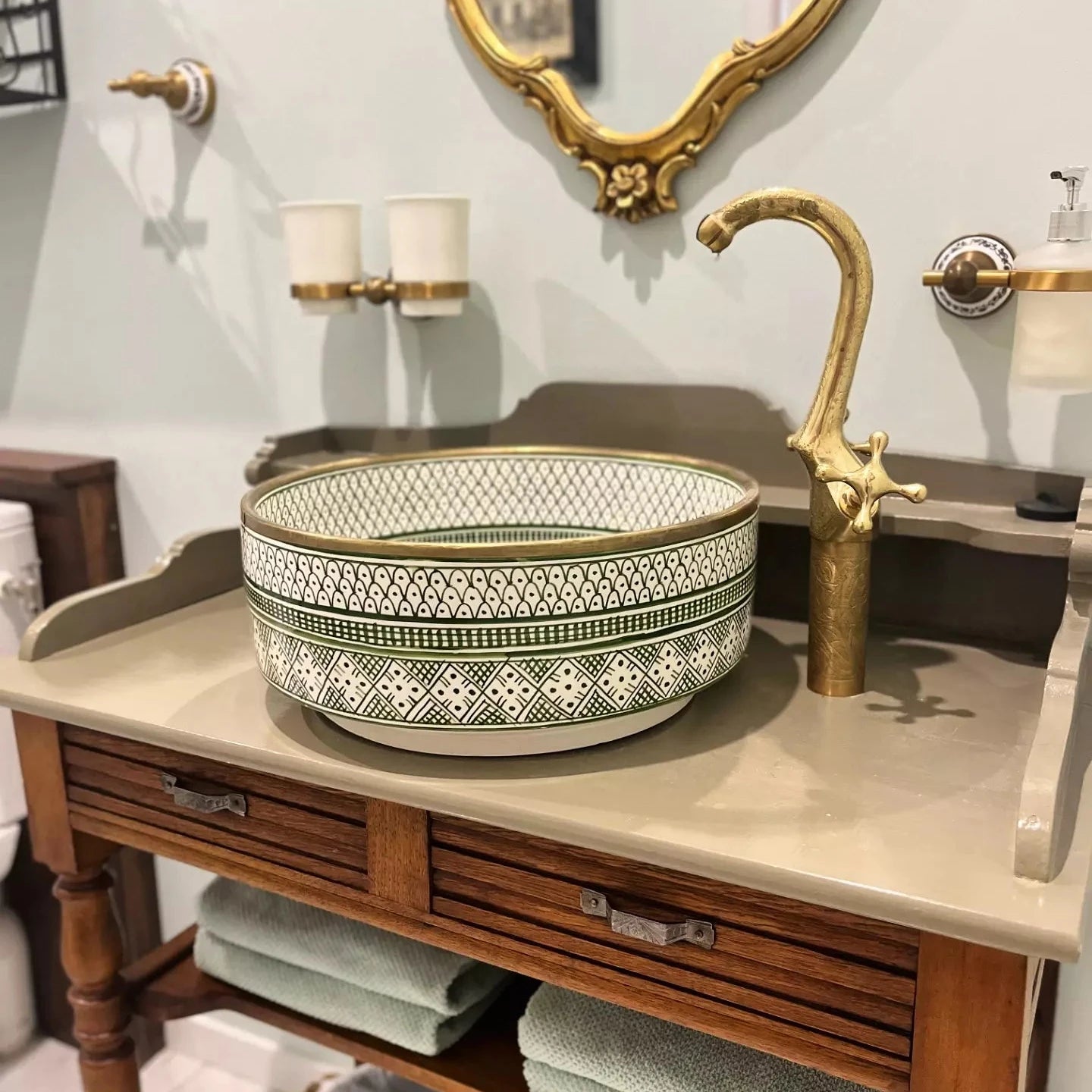 Farmhouse Washbasin - Olive Green & Brushed Brass Sink Vessel - Custo&Co