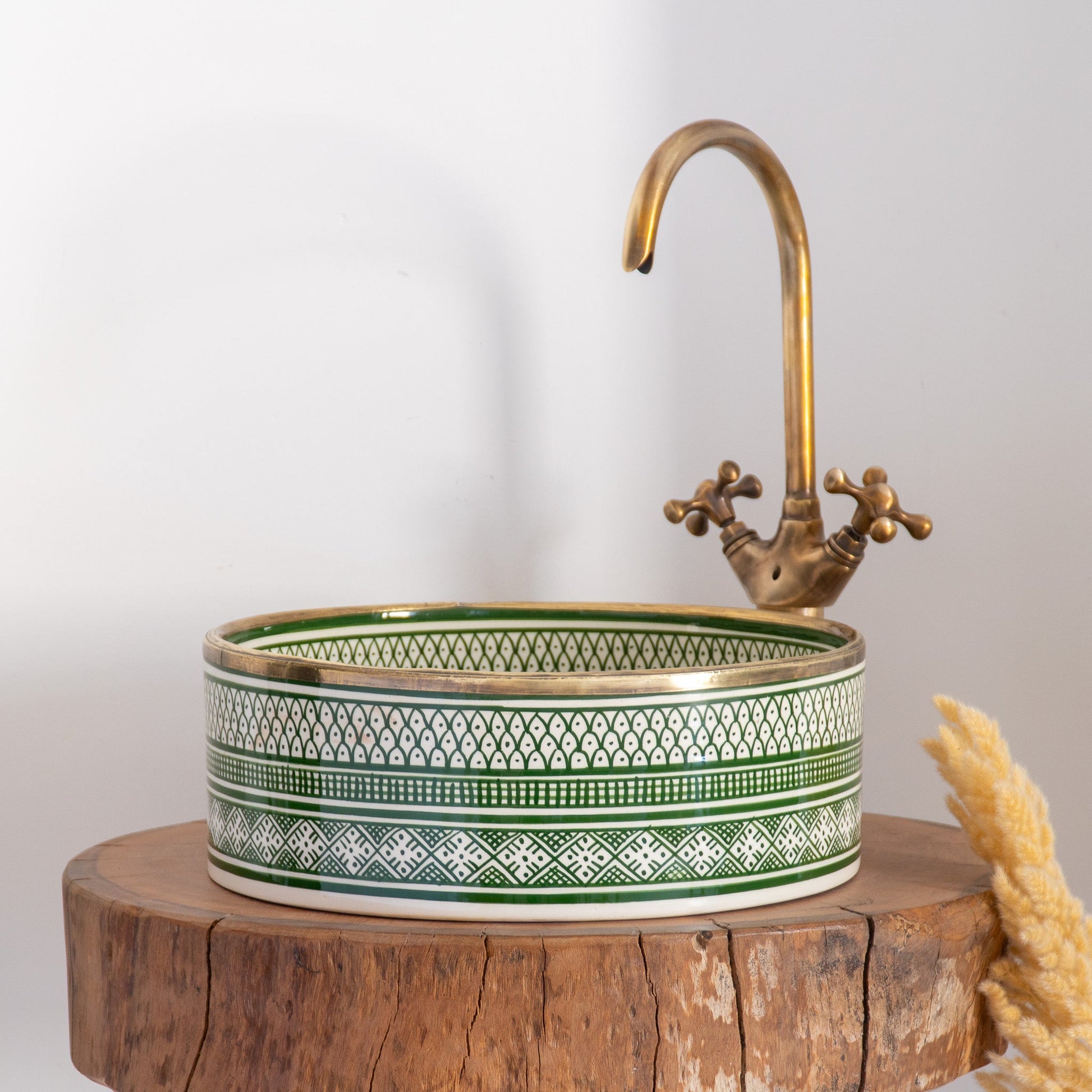 Farmhouse Washbasin - Olive Green & Brushed Brass Sink Vessel - Custo&Co