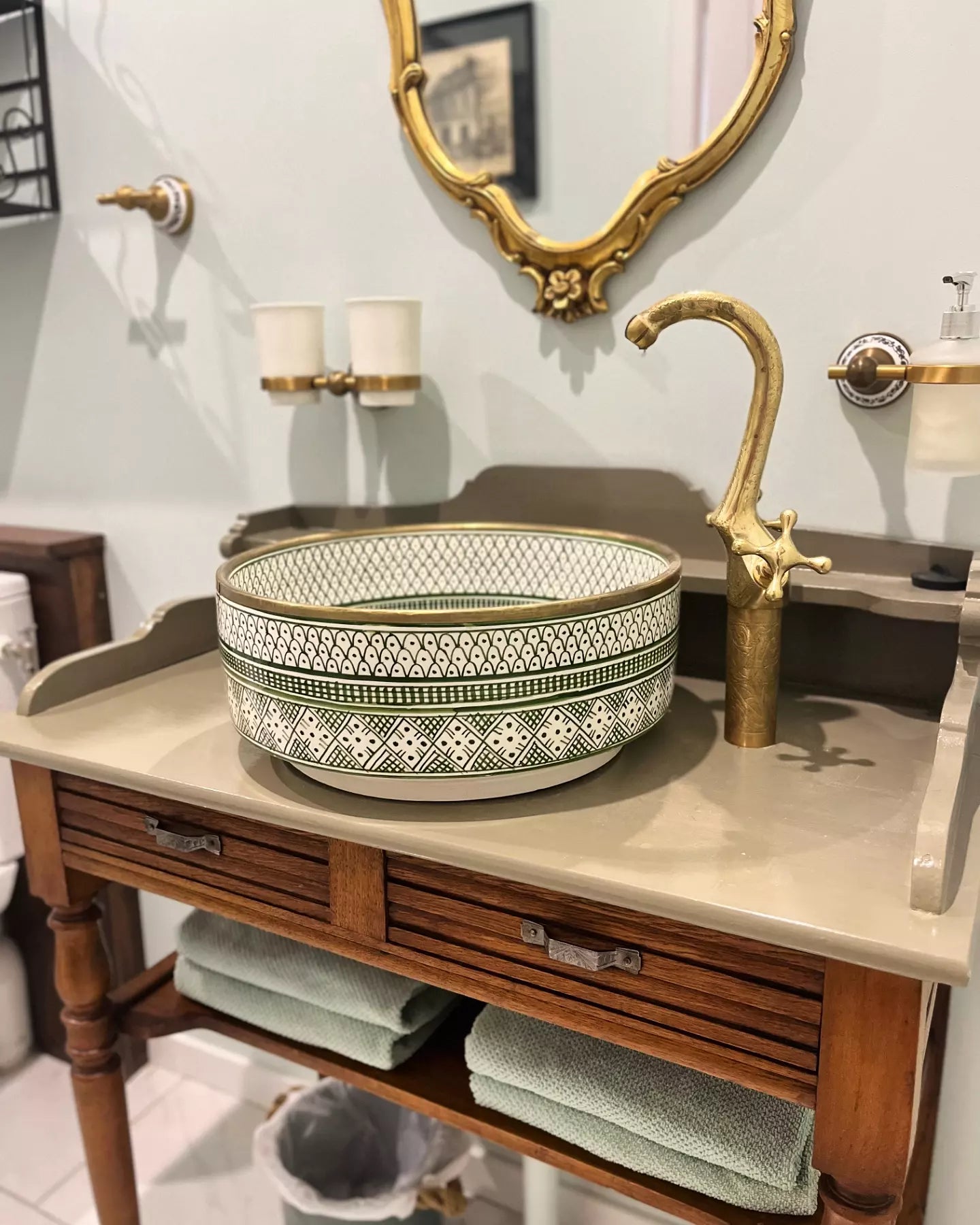 Custom Made Modern Bathroom Sink with Intricate Artisan Green Patterns & Unlacquered Brass Rim