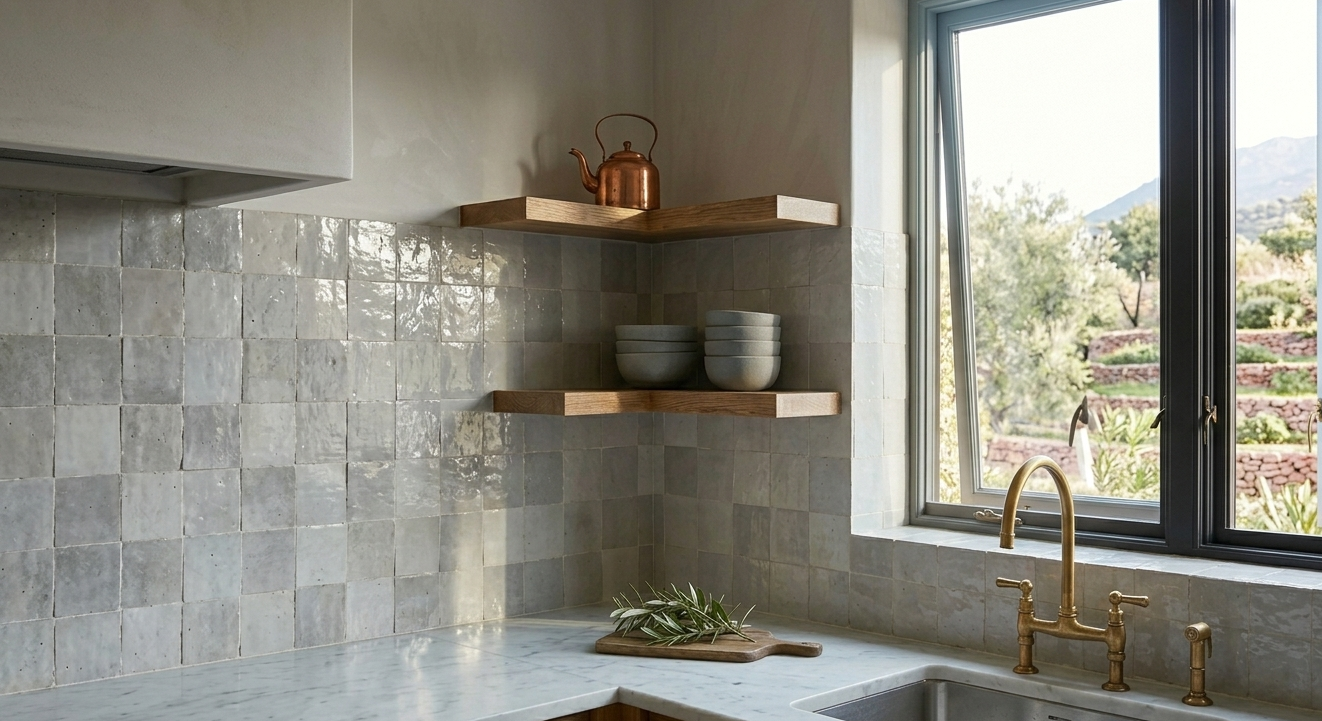 Modern kitchen with zellige tiles, wooden shelves, and a window view.