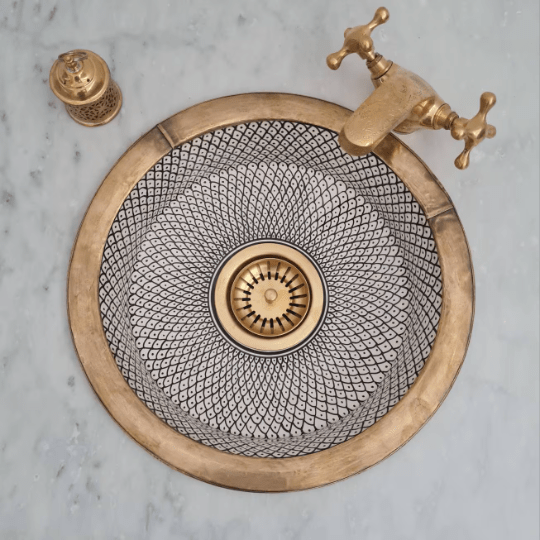 Wet Bar Sink - Handpainted Ceramic Sink With Brushed Brass Rim - Custo&Co